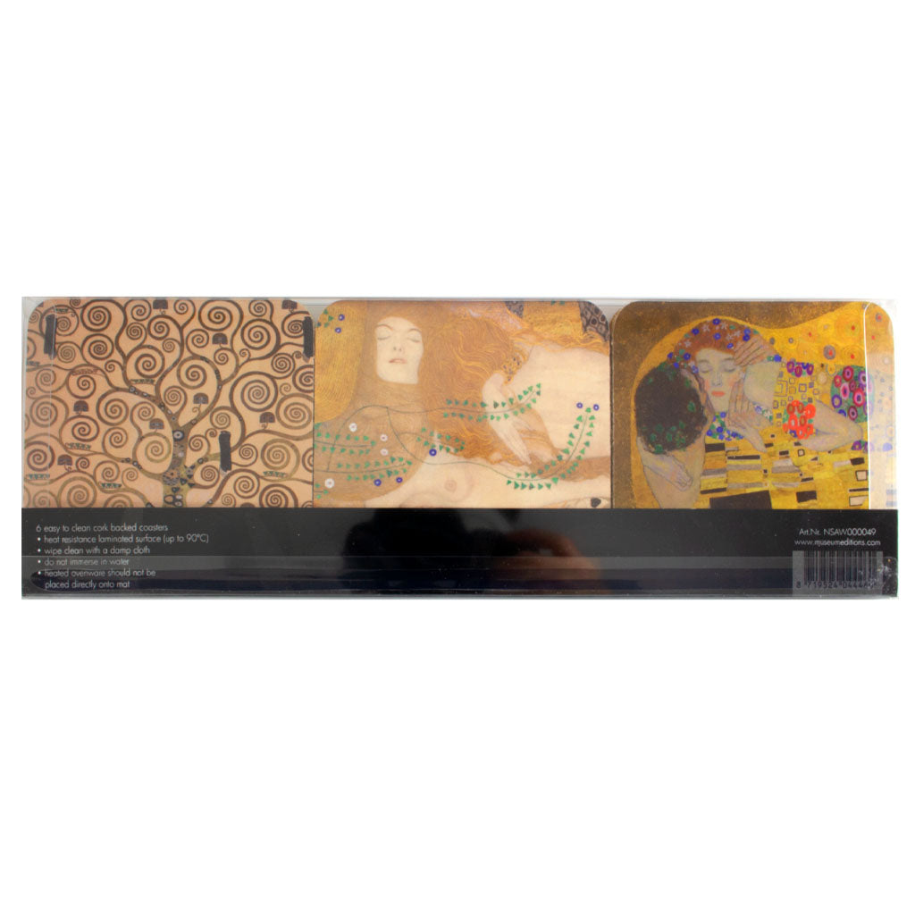 Shop now! Set of 6 coasters of Masterpieces by Gustav Klimt Easy to clean, coasters with a cork coating on the underside, heat-resistant laminate surface, presented in a transparent packaging. Worldwide Shipping!